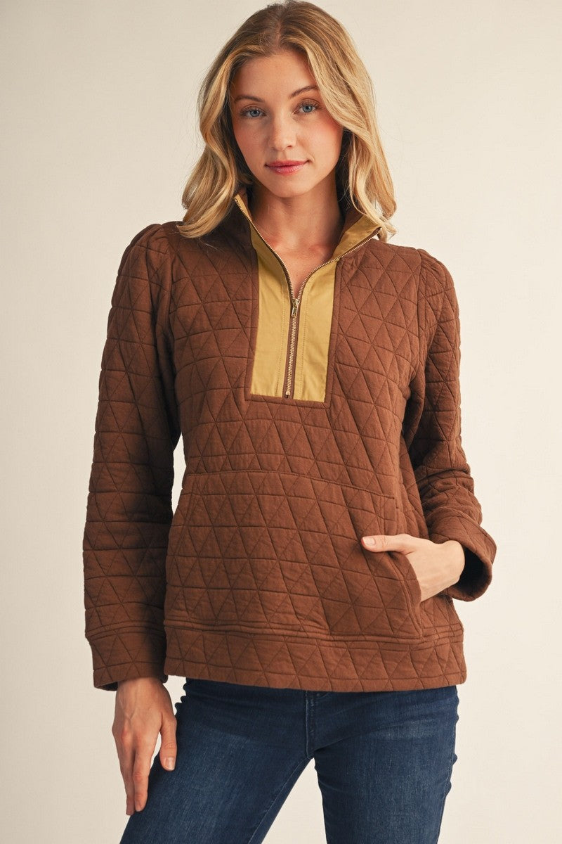 Jodifl Women's Quilted Brown Zip Up Top