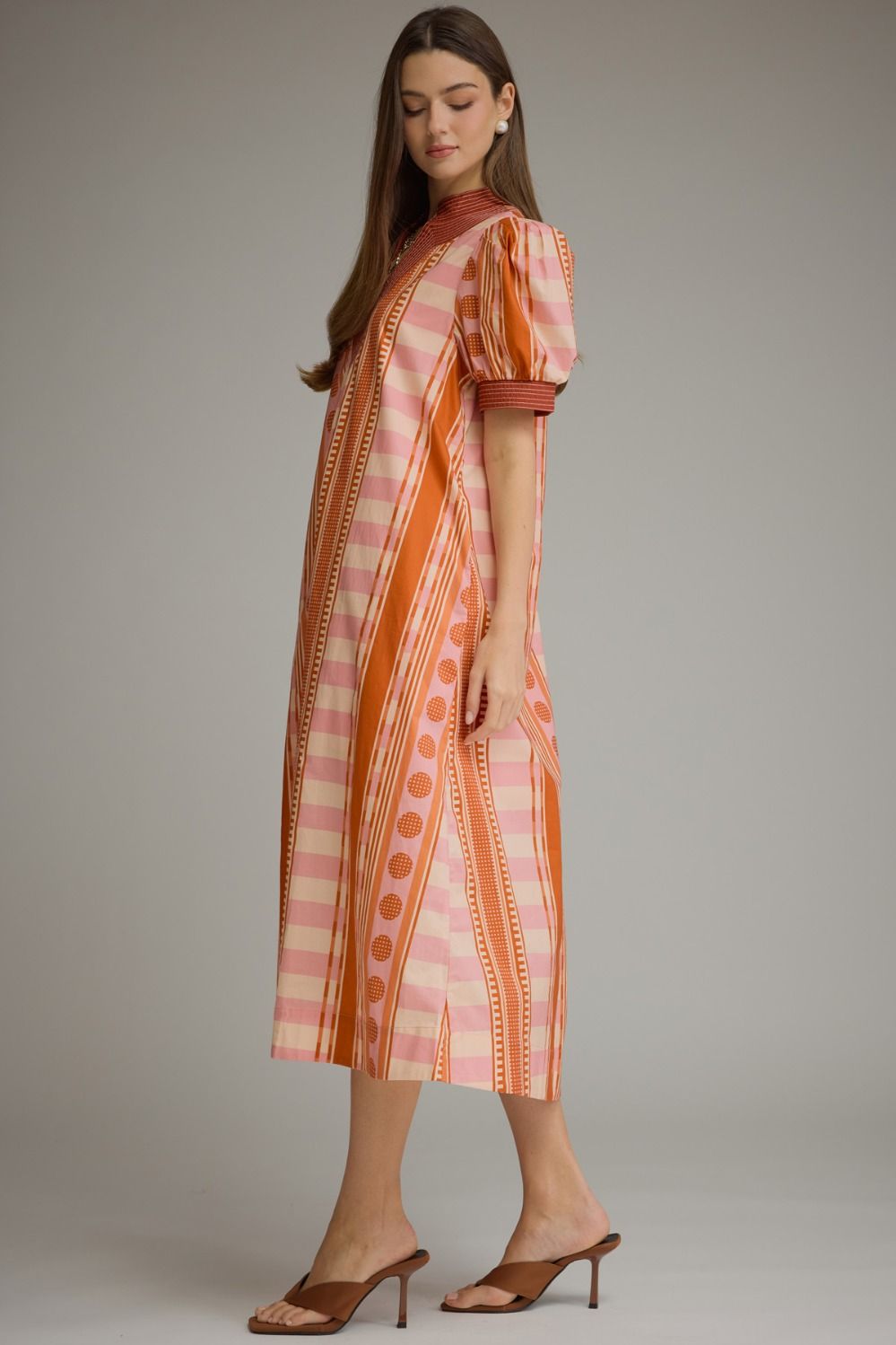 Entro Women's Short Puff Sleeve Midi Dress - Rust Pink