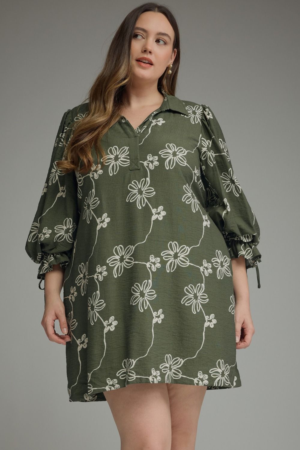 Entro Plus Size Women's Balloon Sleeve Mini Dess - Olive