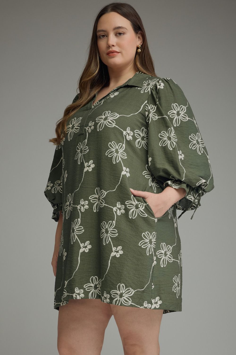 Entro Plus Size Women's Balloon Sleeve Mini Dess - Olive
