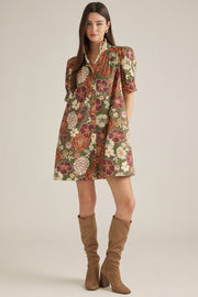 Entro Women's Floral Short Puff Sleeve Mini Dress - Olive Rust