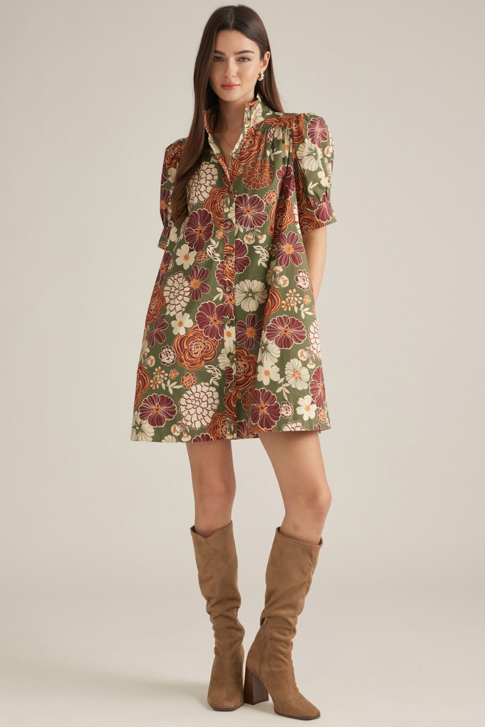 Entro Women's Floral Short Puff Sleeve Mini Dress - Olive Rust