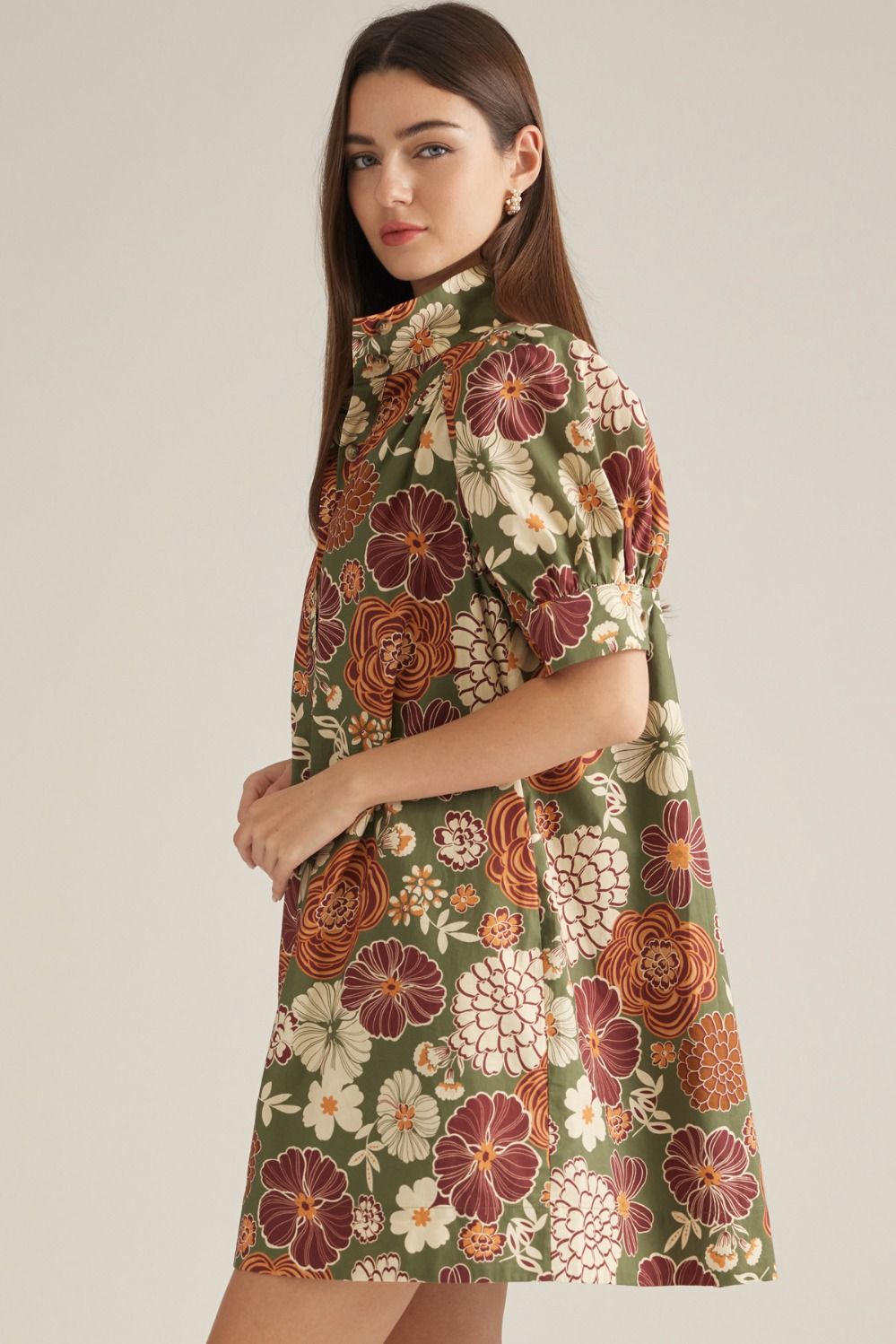 Entro Women's Floral Short Puff Sleeve Mini Dress - Olive Rust