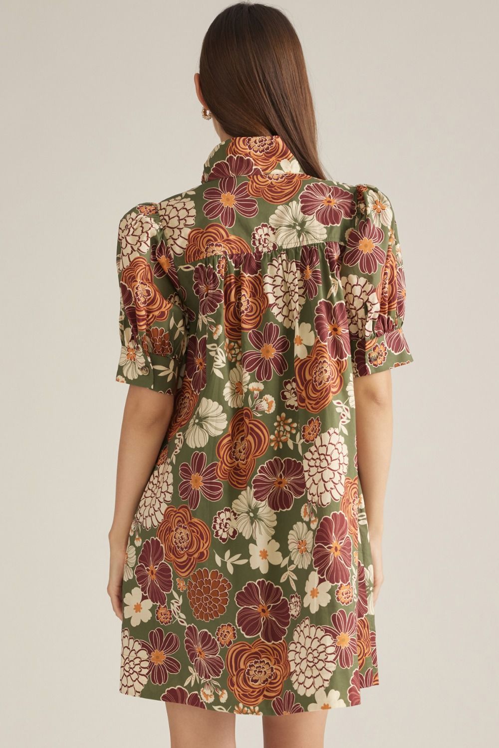Entro Women's Floral Short Puff Sleeve Mini Dress - Olive Rust
