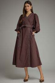Entro Women's Long Puff Sleeve Midi Dress - Chocolate