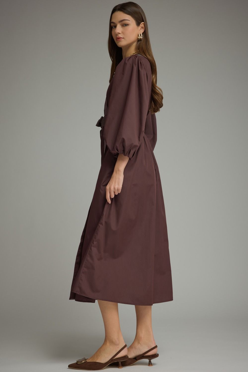 Entro Women's Long Puff Sleeve Midi Dress - Chocolate