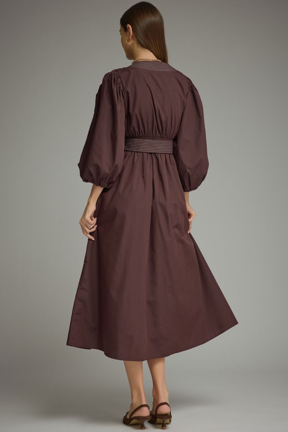 Entro Women's Long Puff Sleeve Midi Dress - Chocolate