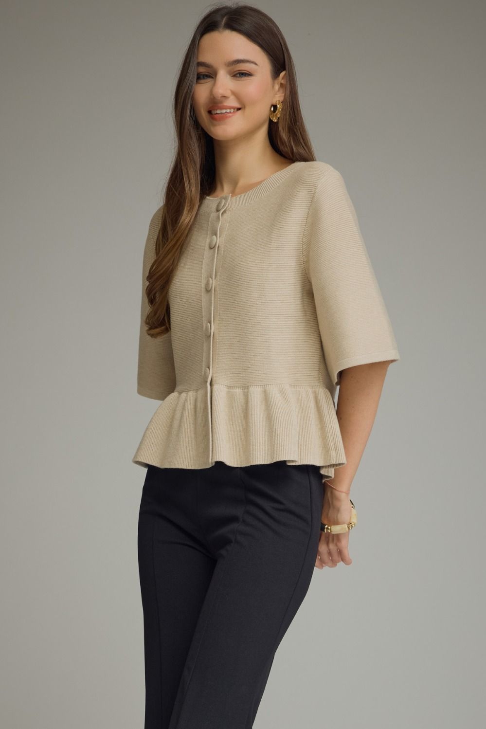 Entro Women's Short Sleeve Knit Cardigan - Oatmeal