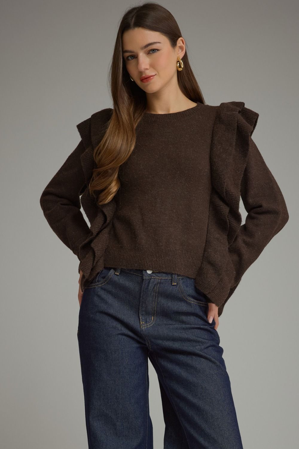 Entro Women's Long Sleeve Sweater Top with Ruffles