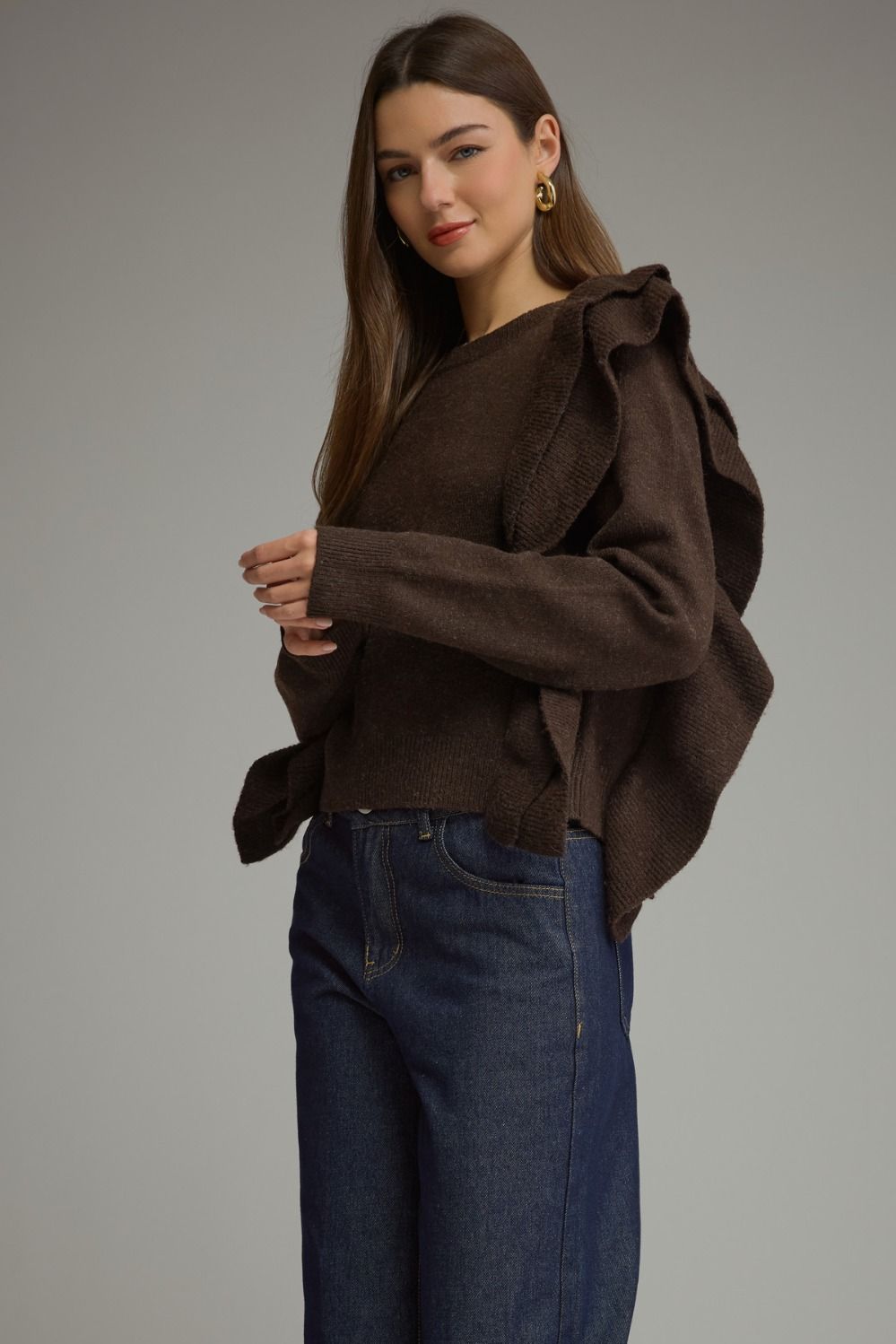 Entro Women's Long Sleeve Sweater Top with Ruffles
