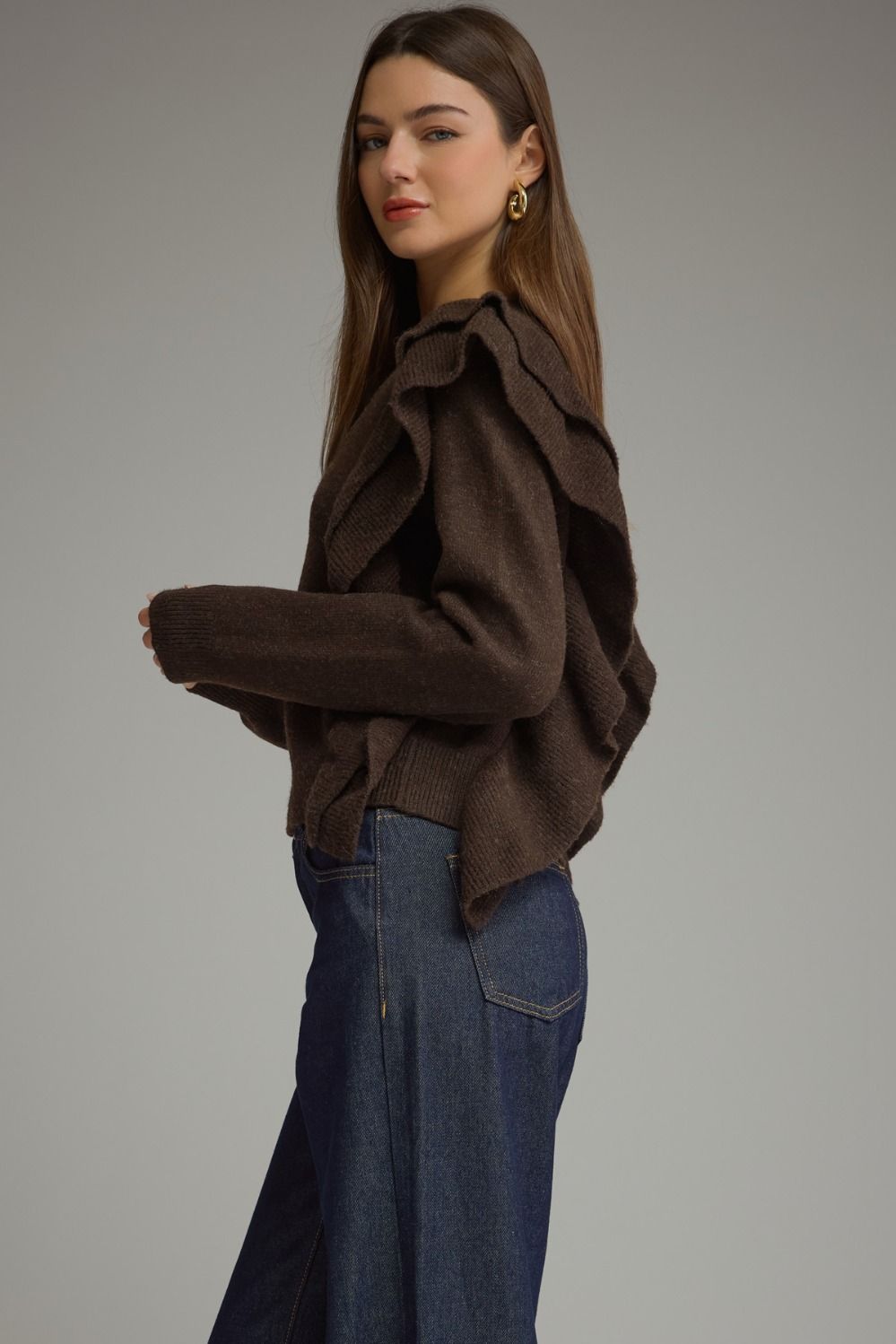 Entro Women's Long Sleeve Sweater Top with Ruffles