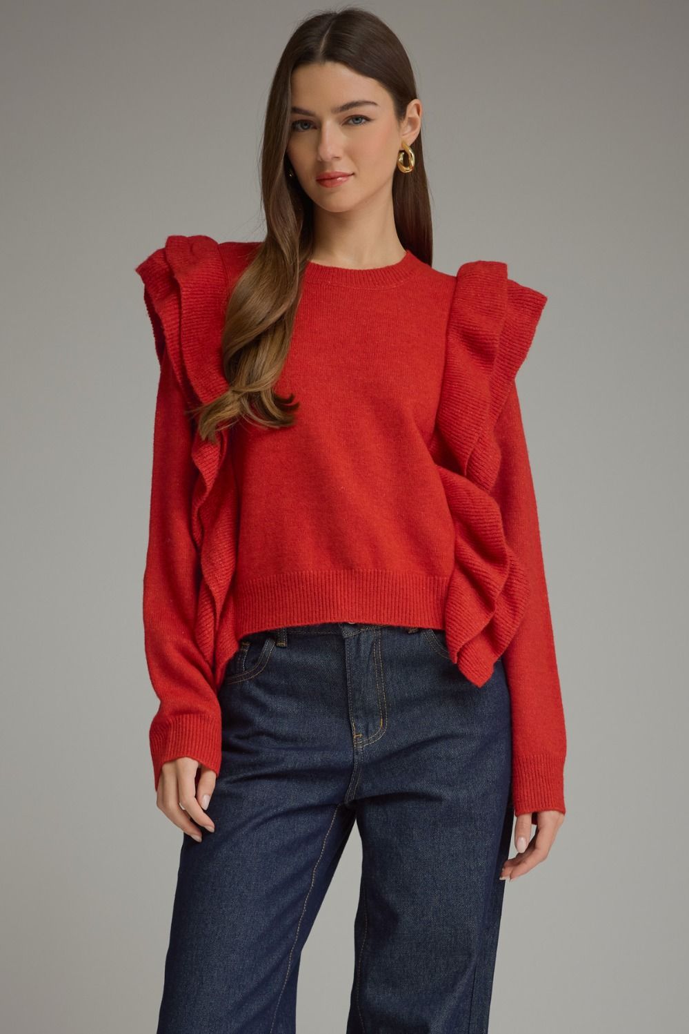 Entro Women's Long Sleeve Sweater Top with Ruffles