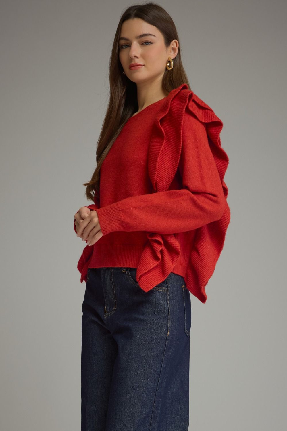 Entro Women's Long Sleeve Sweater Top with Ruffles