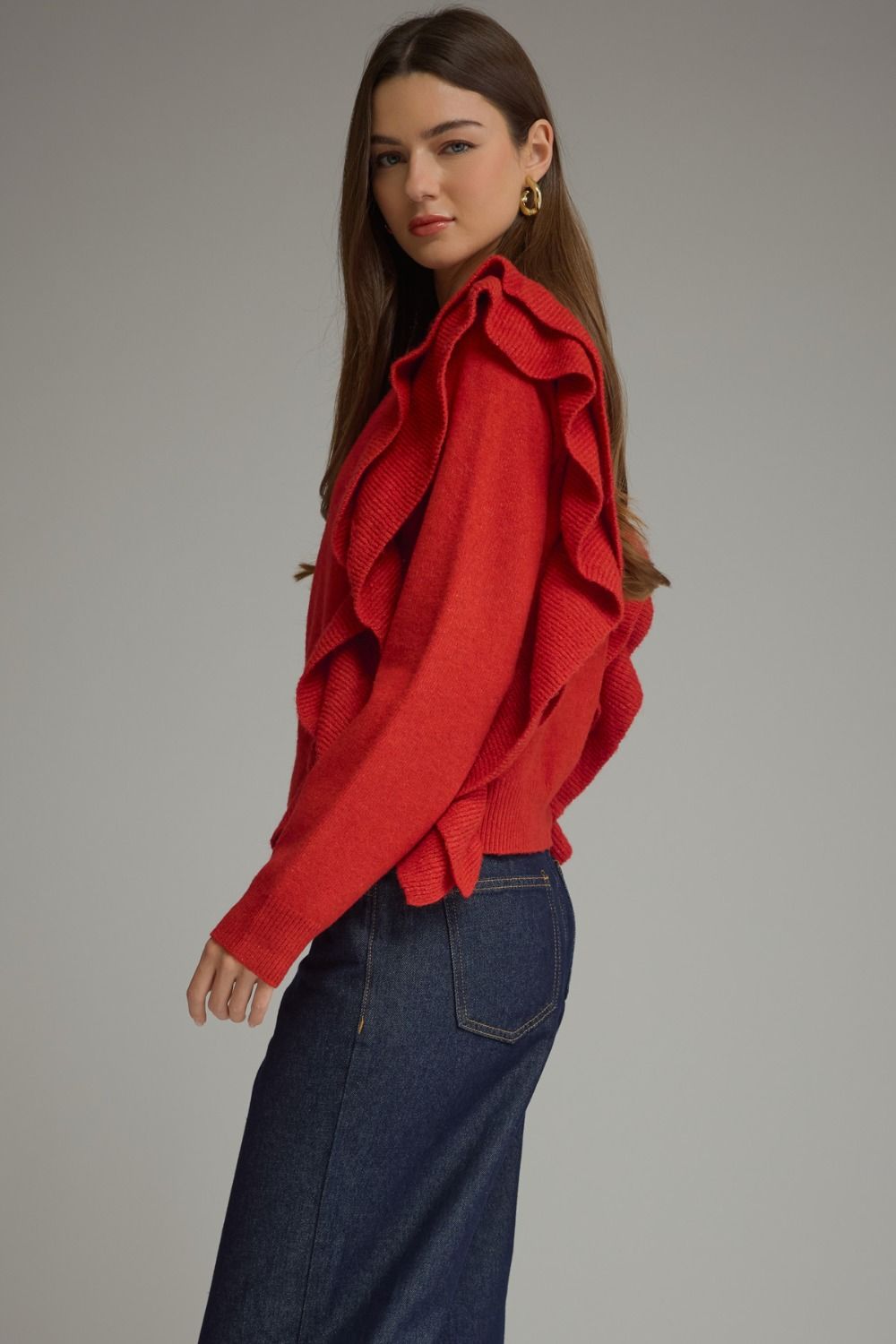 Entro Women's Long Sleeve Sweater Top with Ruffles
