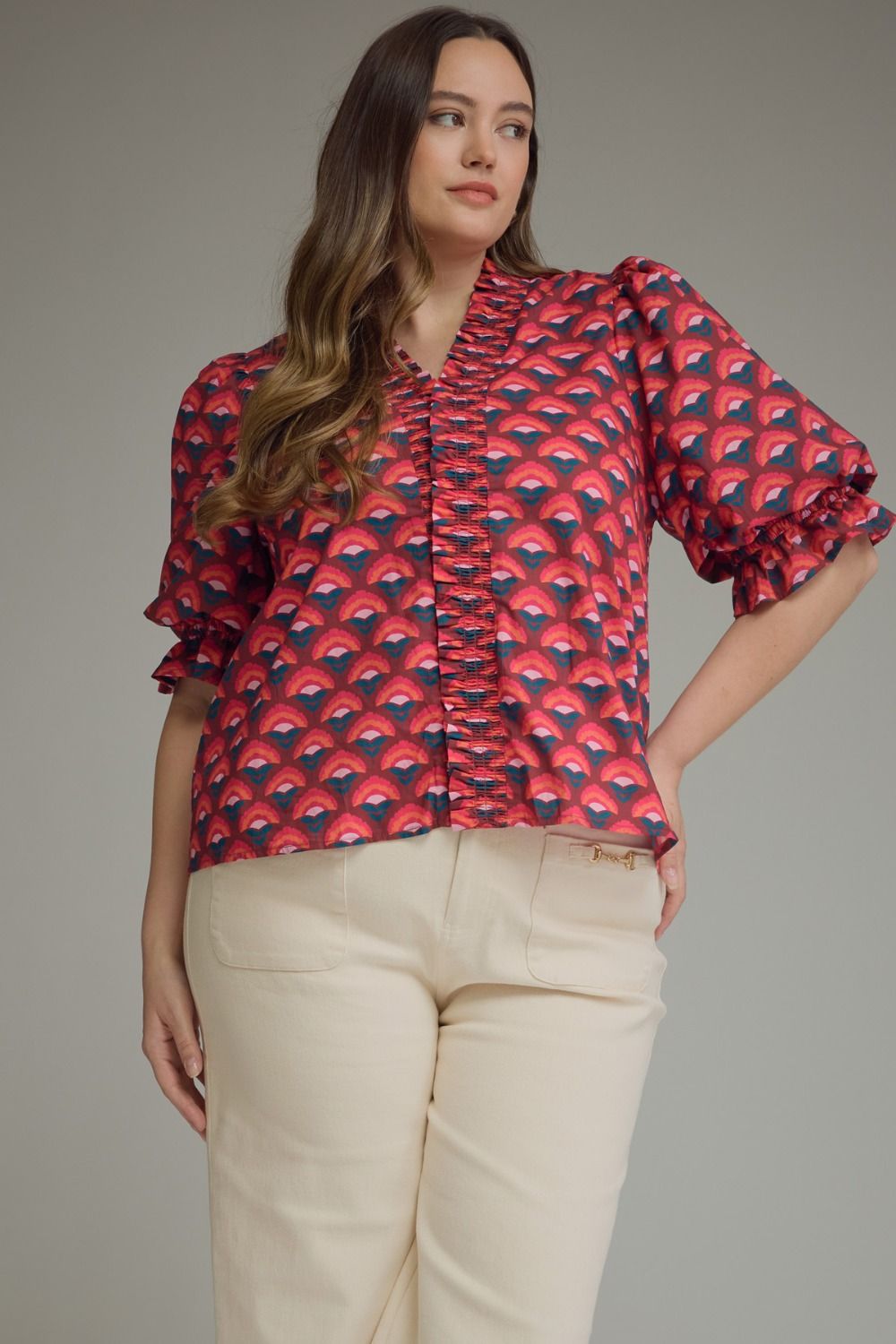 Entro Women's Geometric Print Short Sleeve Blouse