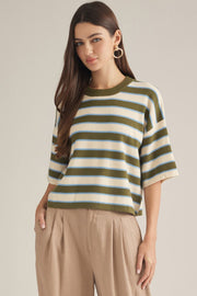 Entro Women's Stripe Short Sleeve Knit Top - Olive