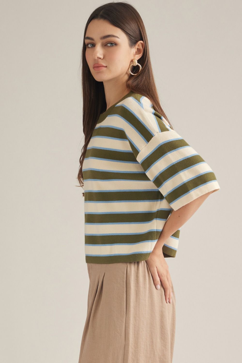 Entro Women's Stripe Short Sleeve Knit Top - Olive