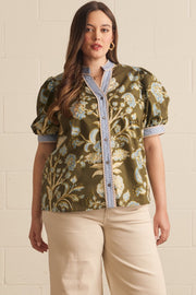 Entro Plus Size Women's Floral Print Puff Sleeve Top - Olive