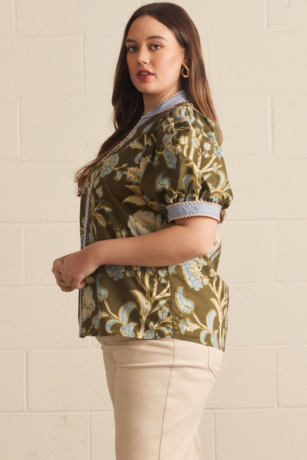 Entro Plus Size Women's Floral Print Puff Sleeve Top - Olive