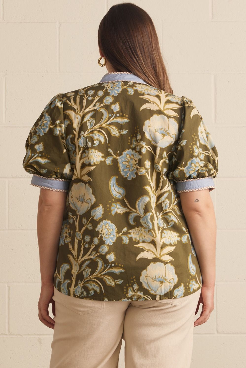 Entro Plus Size Women's Floral Print Puff Sleeve Top - Olive