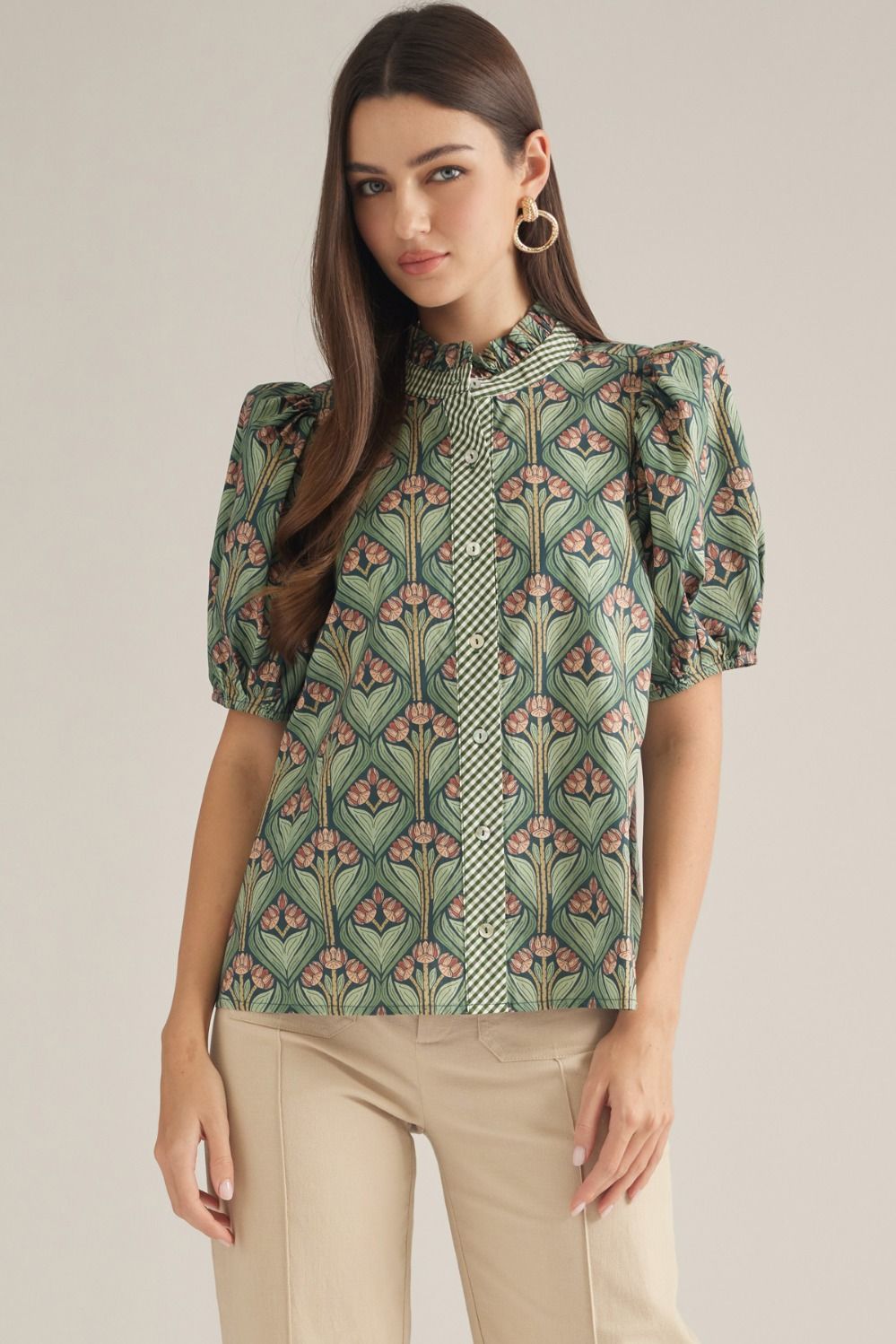 Entro Women's Short Puff Sleeve Blouse - Heather Green