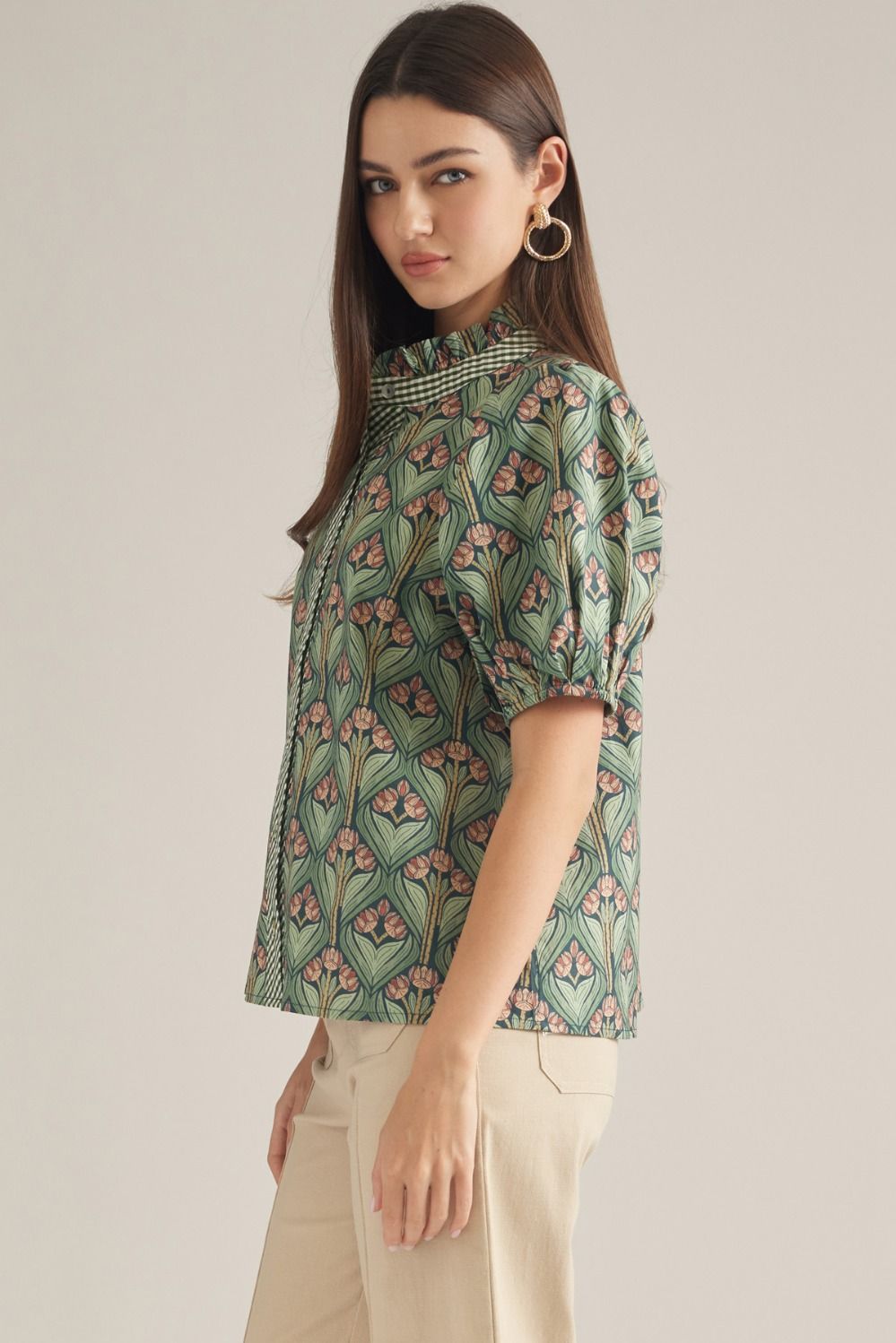 Entro Women's Short Puff Sleeve Blouse - Heather Green