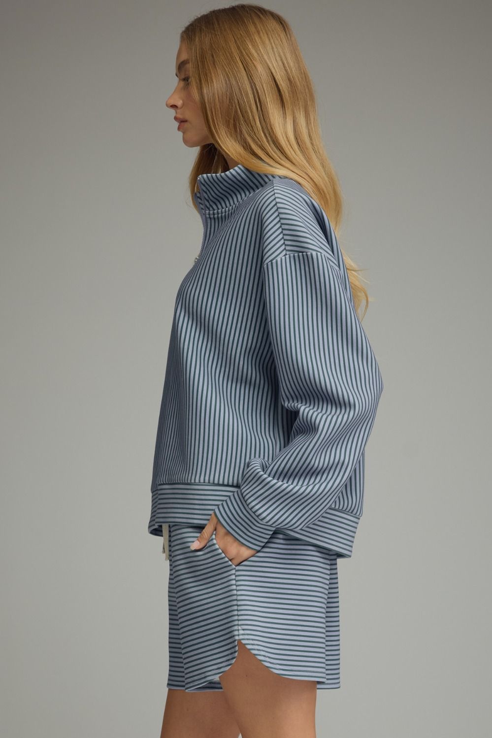 Entro Women's Striped Long Sleeve Knit Top - Heather Green Blue
