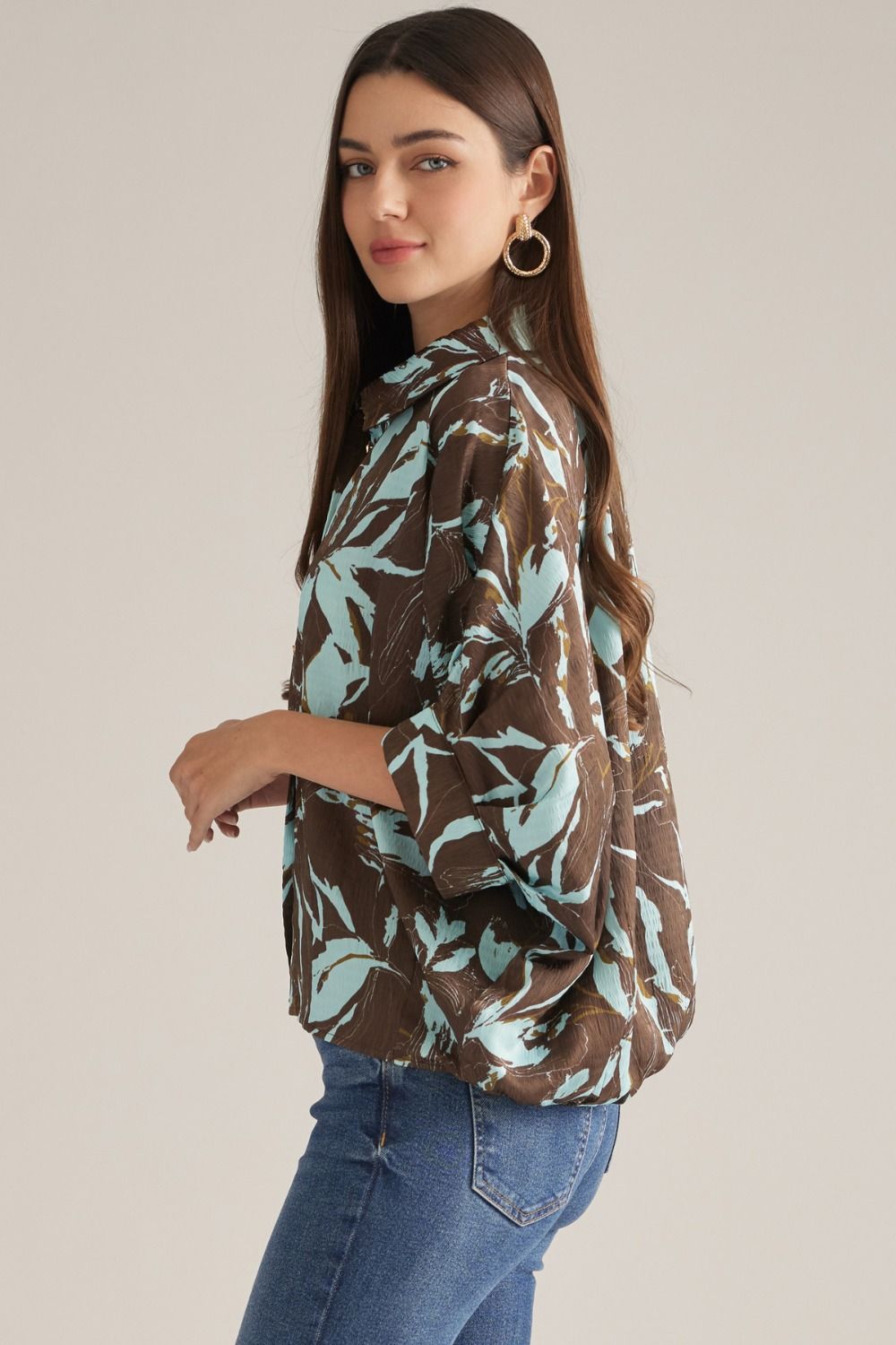 Entro Women's Short Sleeve Collared Shirt - Brown Blue