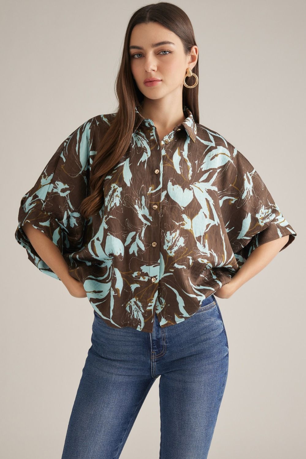 Entro Women's Short Sleeve Collared Shirt - Brown Blue