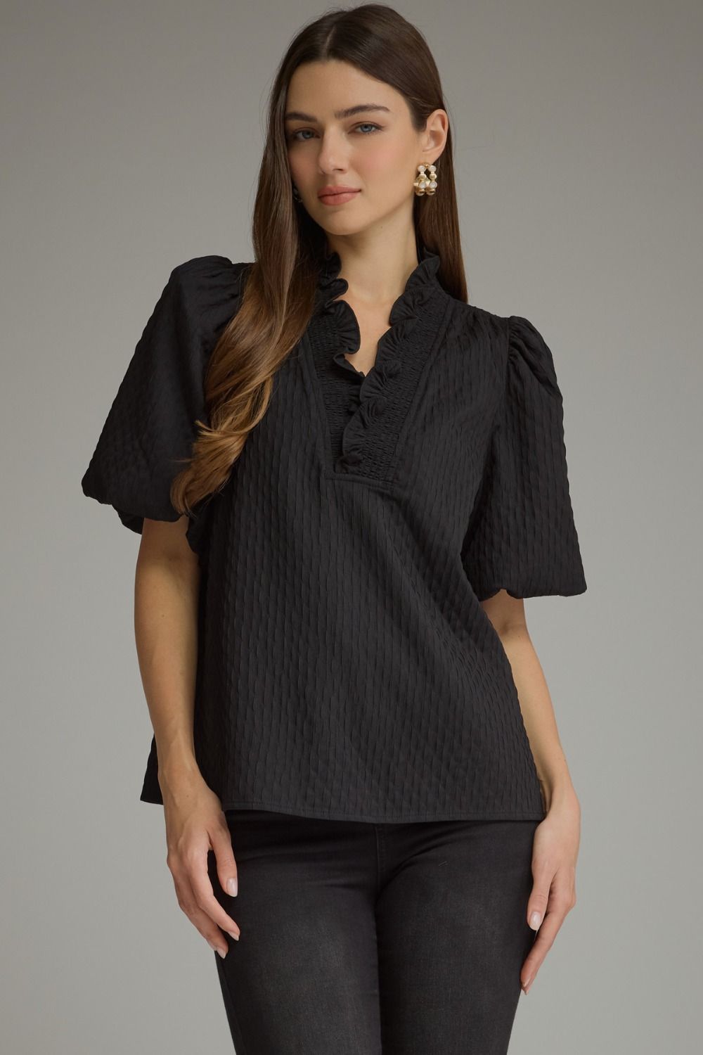 Entro Women's Black Puff Sleeve Ruffle Collared Blouse