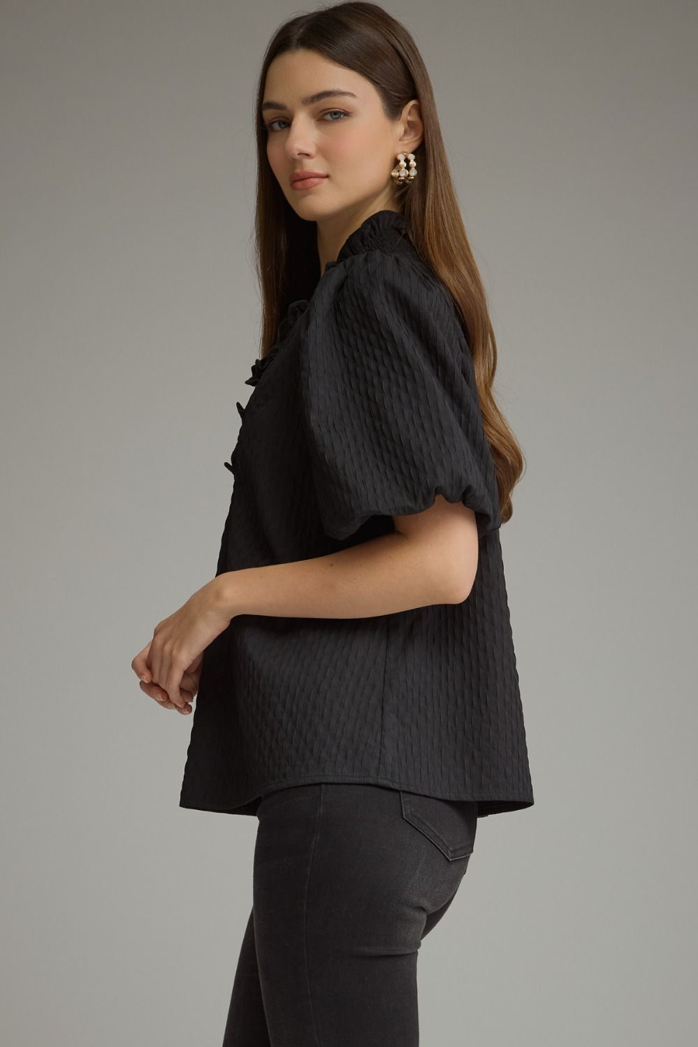 Entro Women's Black Puff Sleeve Ruffle Collared Blouse