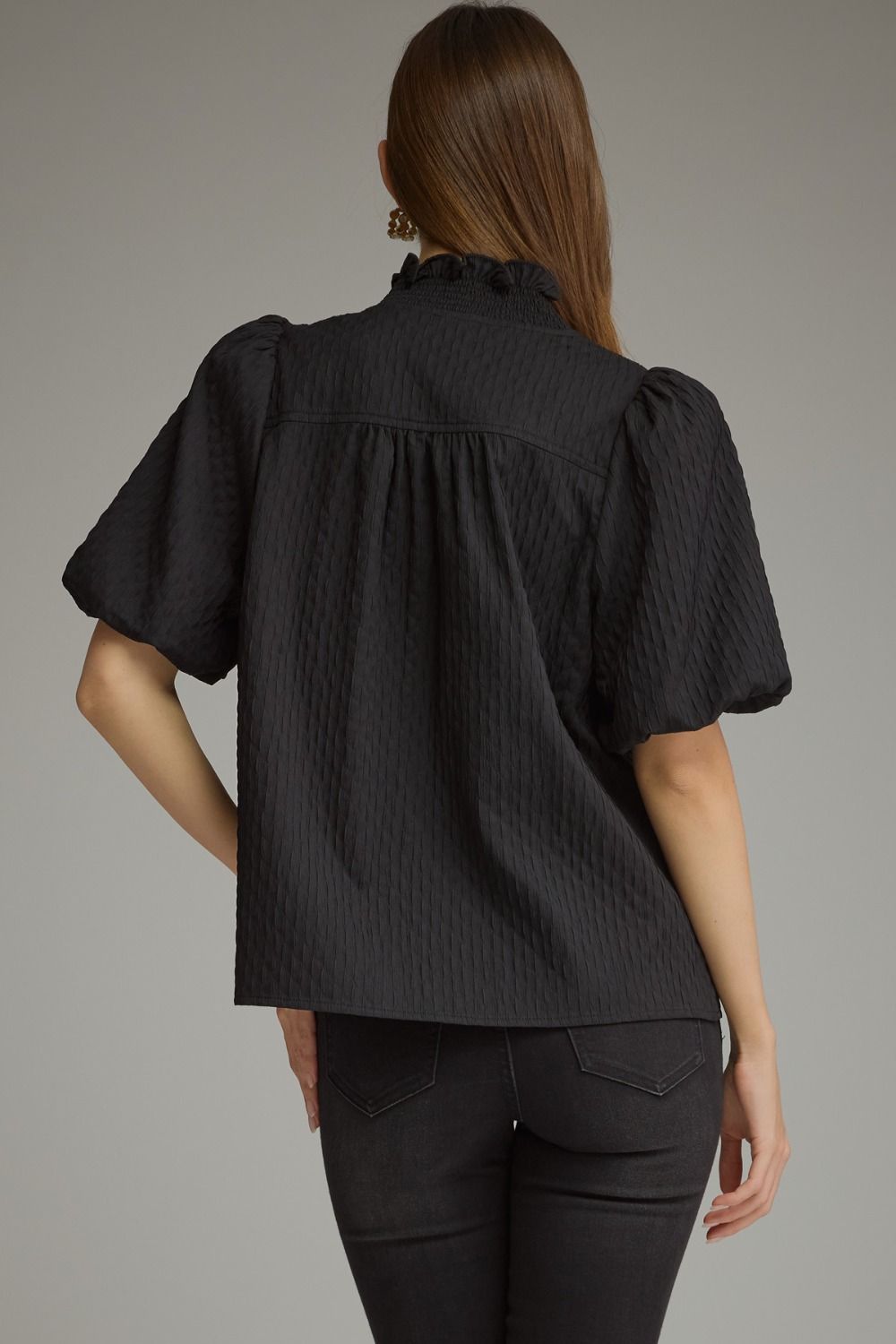 Entro Women's Black Puff Sleeve Ruffle Collared Blouse