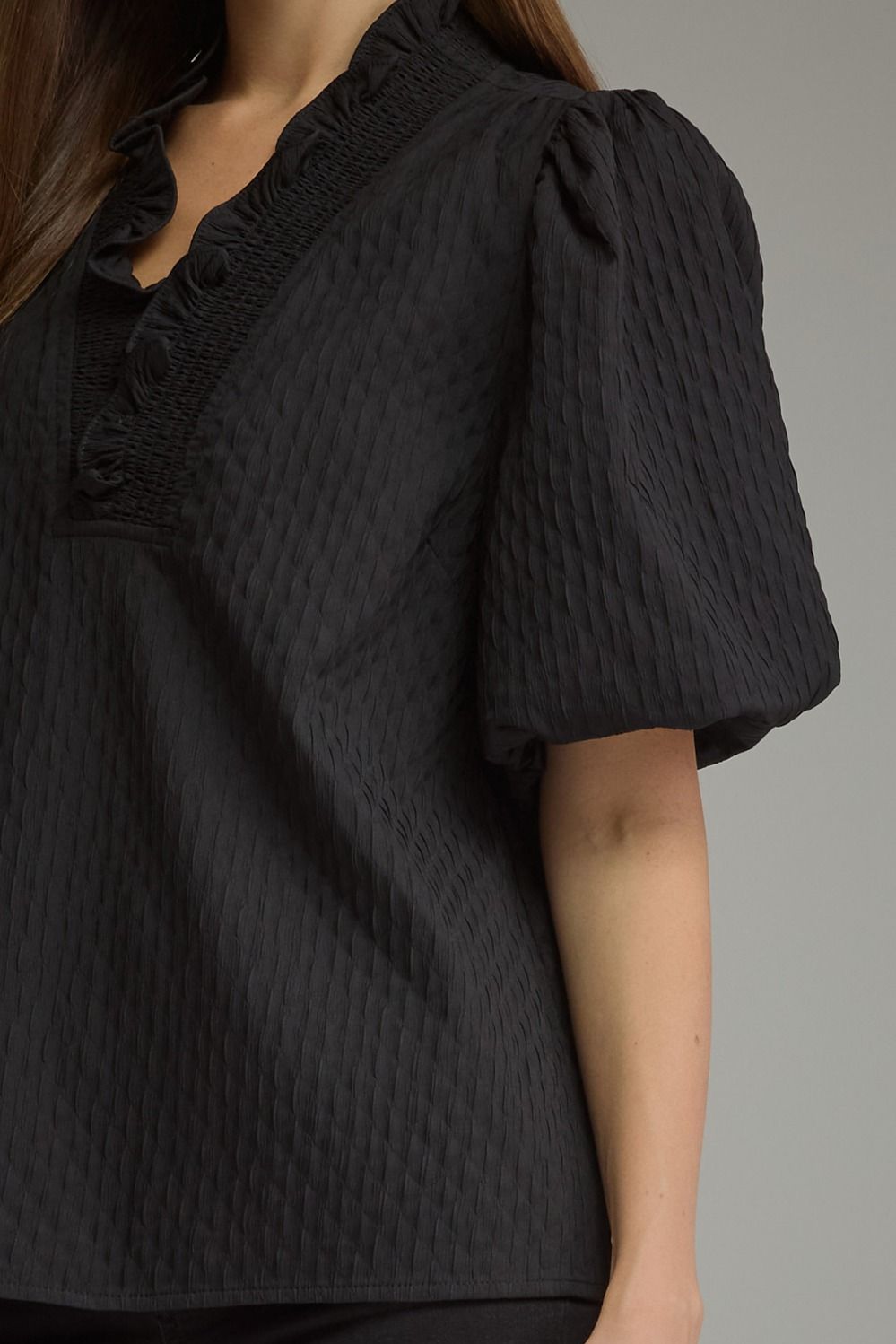 Entro Women's Black Puff Sleeve Ruffle Collared Blouse