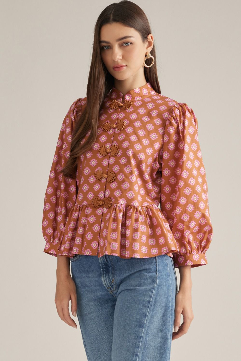 Entro Women's Floral Balloon Sleeve Top - Camel