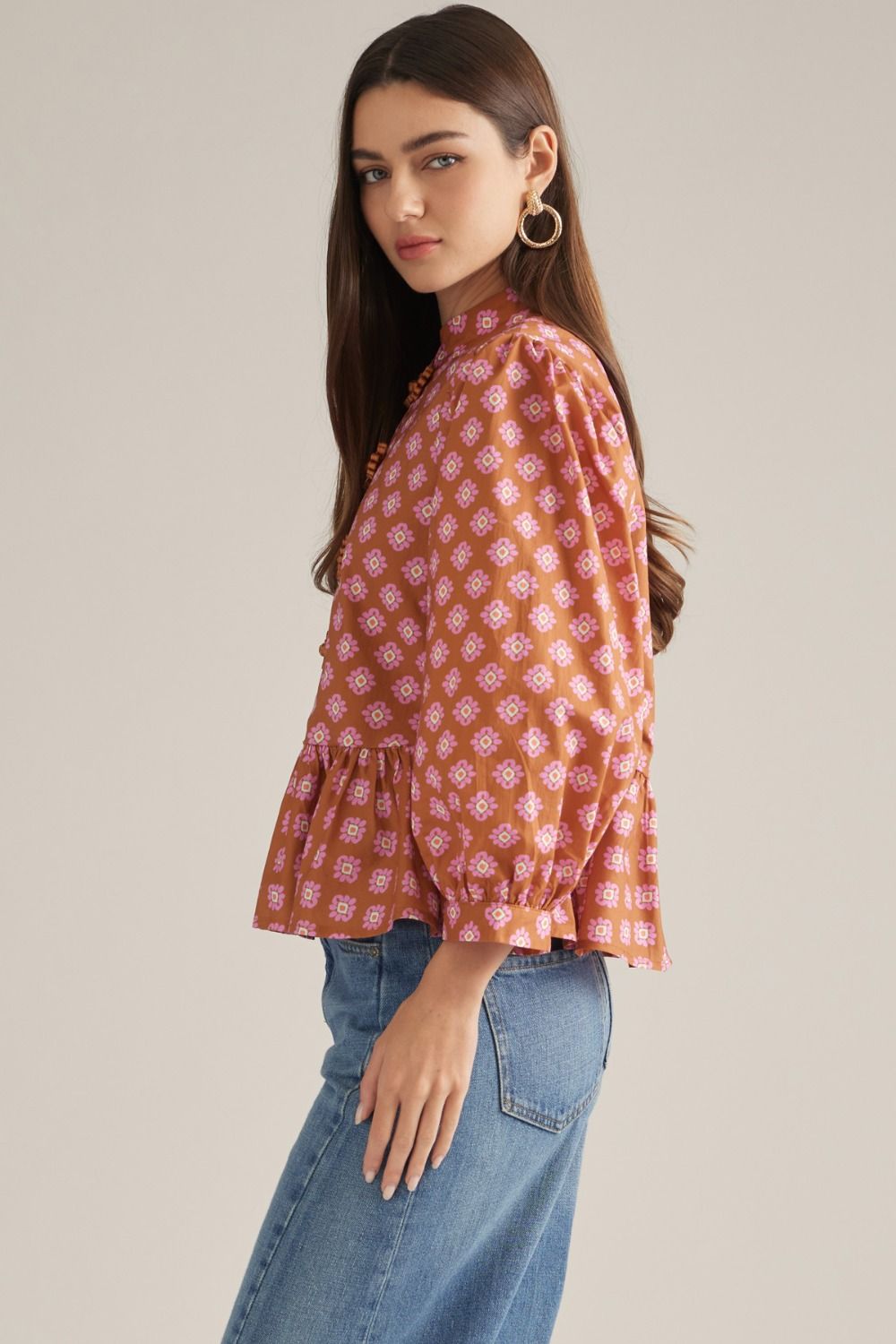Entro Women's Floral Balloon Sleeve Top - Camel
