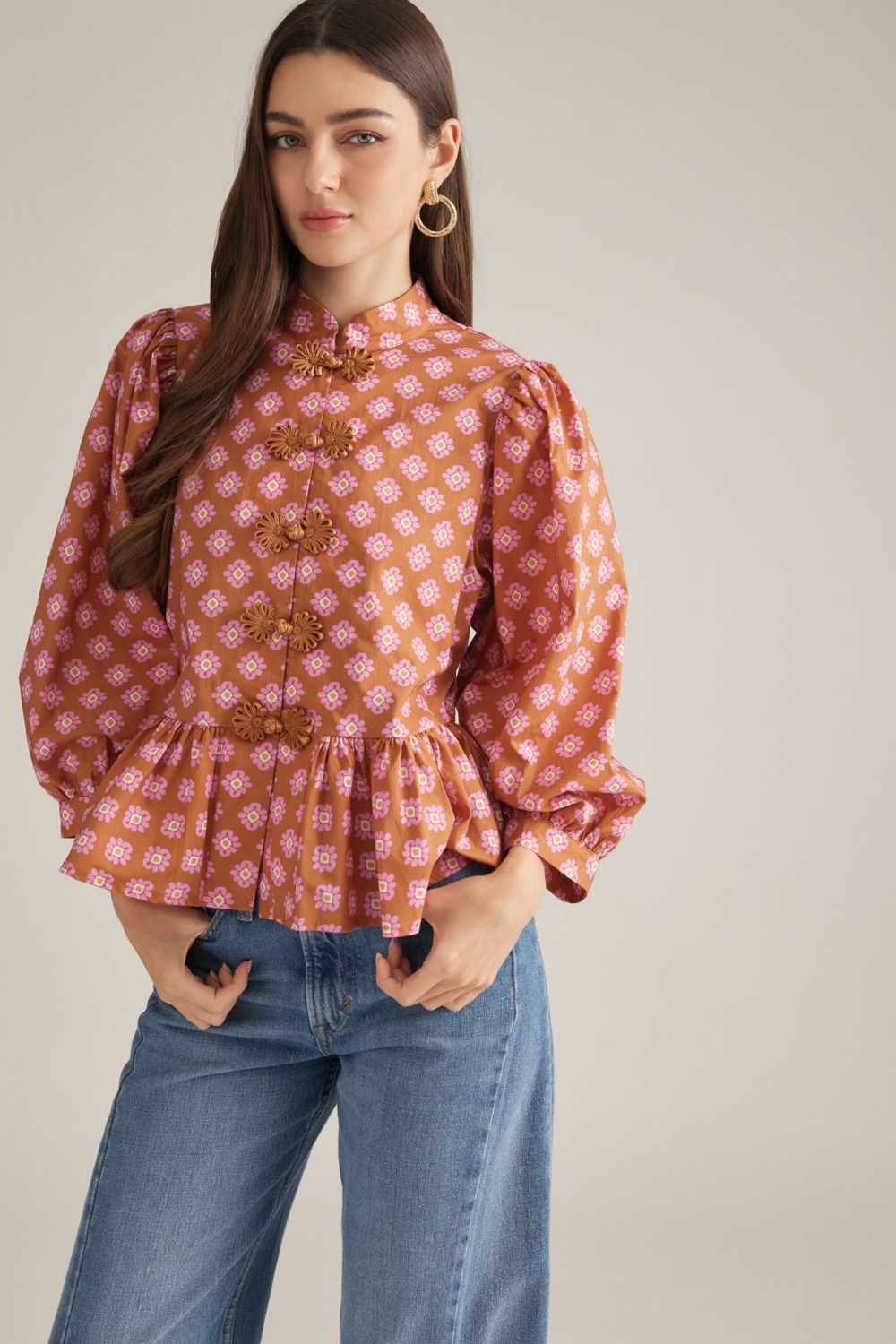 Entro Women's Floral Balloon Sleeve Top - Camel