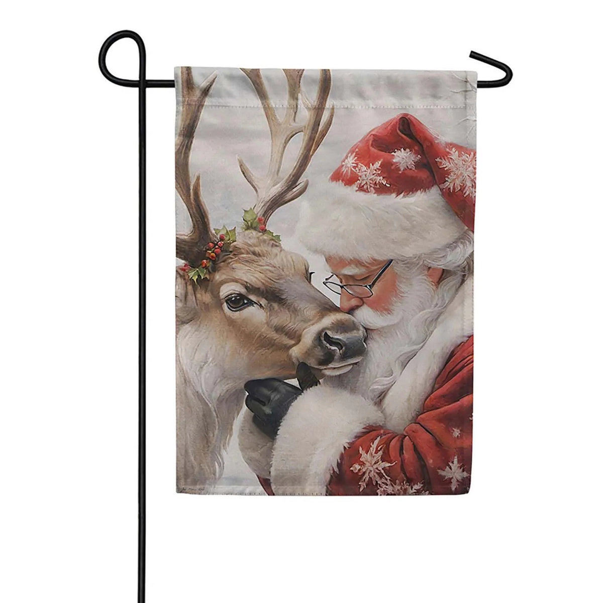 Evergreen Santa Comforting Reindeer Suede Garden Flag