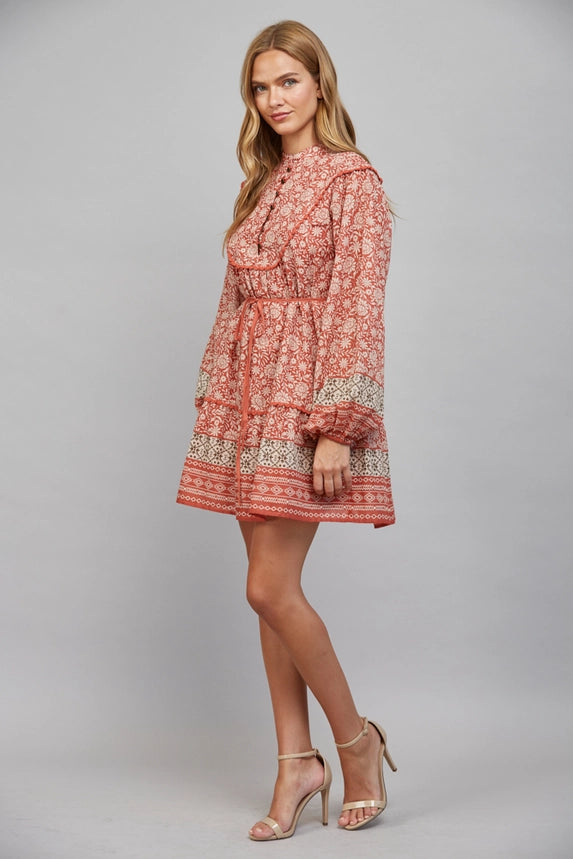 Fate Women's Floral Print Tie Waist Dress - Rust