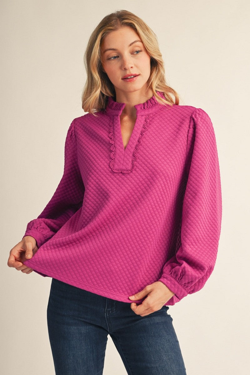 Jodifl Women's Ruffled Neck Textured Solid Top - Magenta