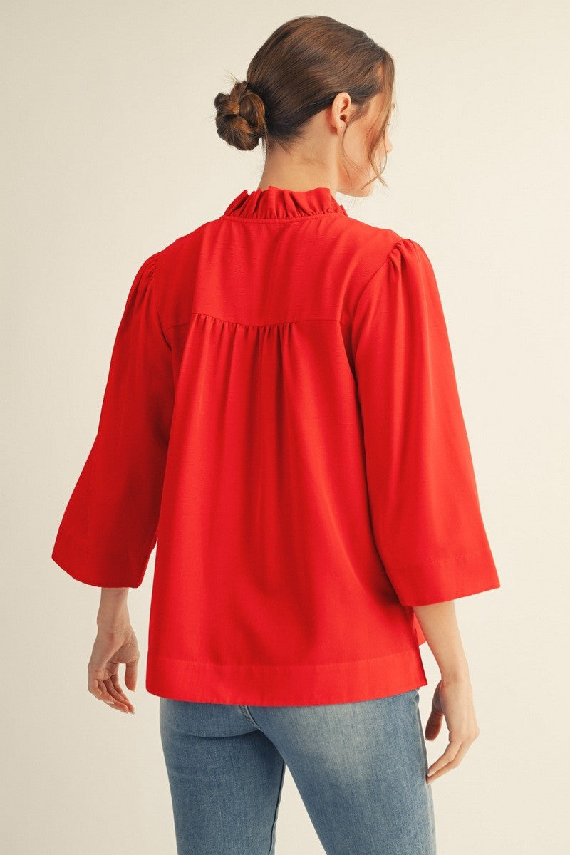 Jodifl Women's Ruffled Neck Crinkle Solid Top - Red