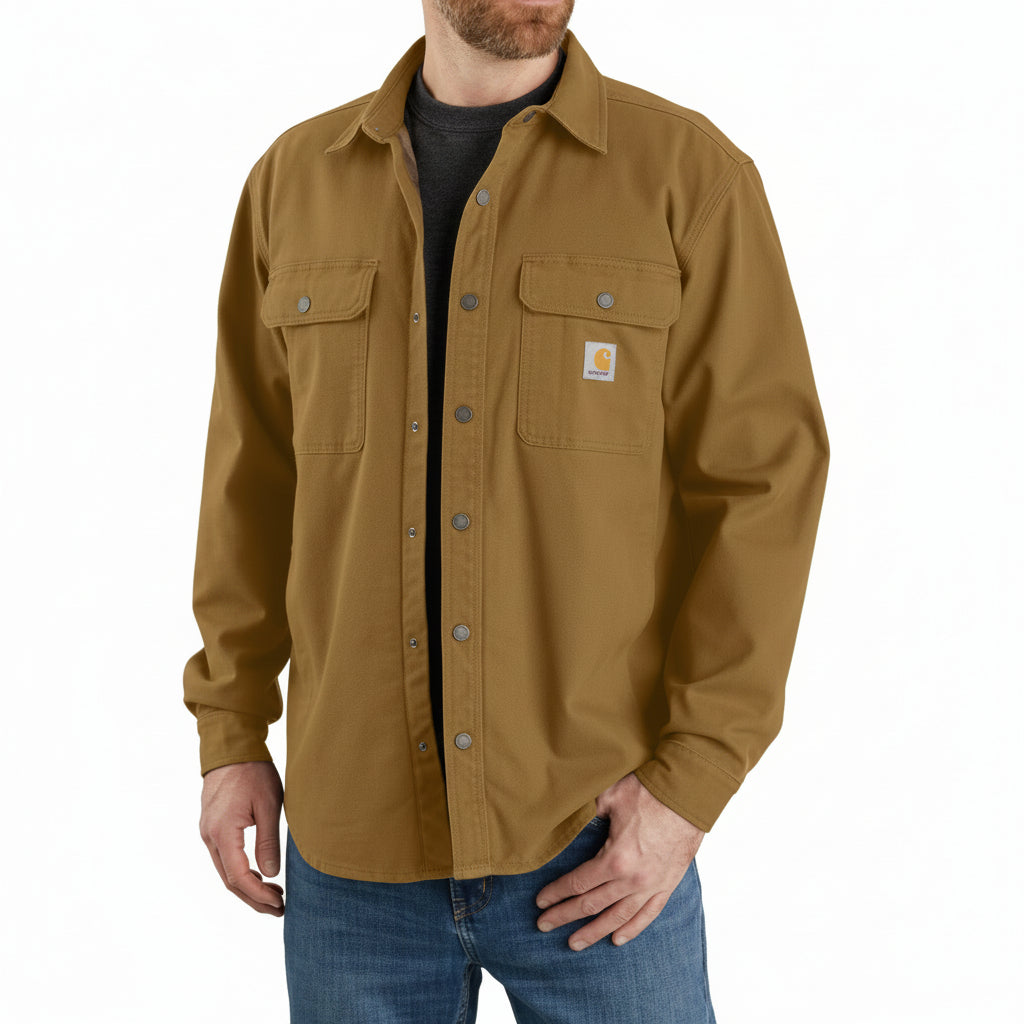 Man wearing a brown Carhartt shirt on a white background
