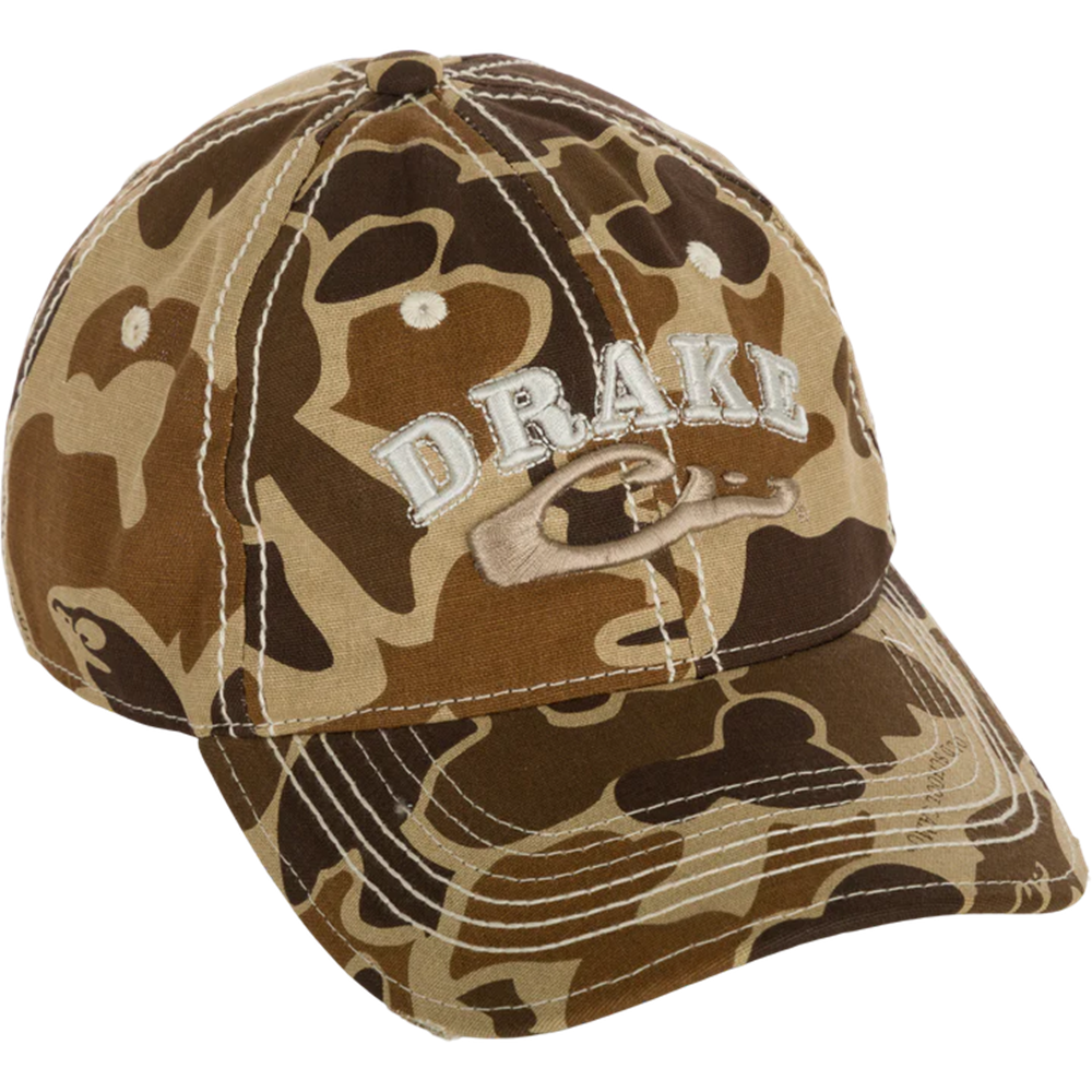 Drake Distressed 6-Panel Ball Cap - Old School Camo