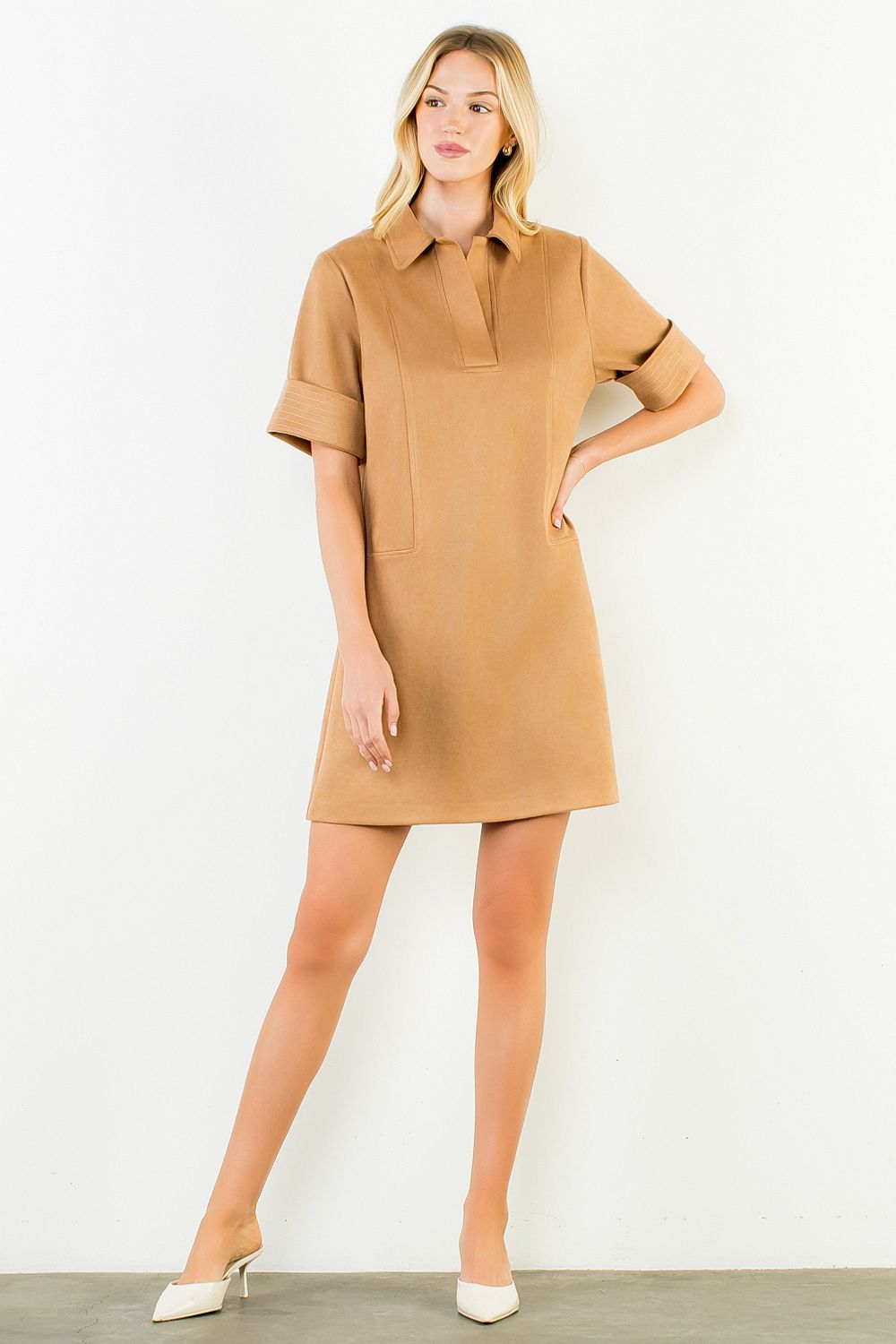 THML Women's Collared Short Suede Solid Dress - Camel
