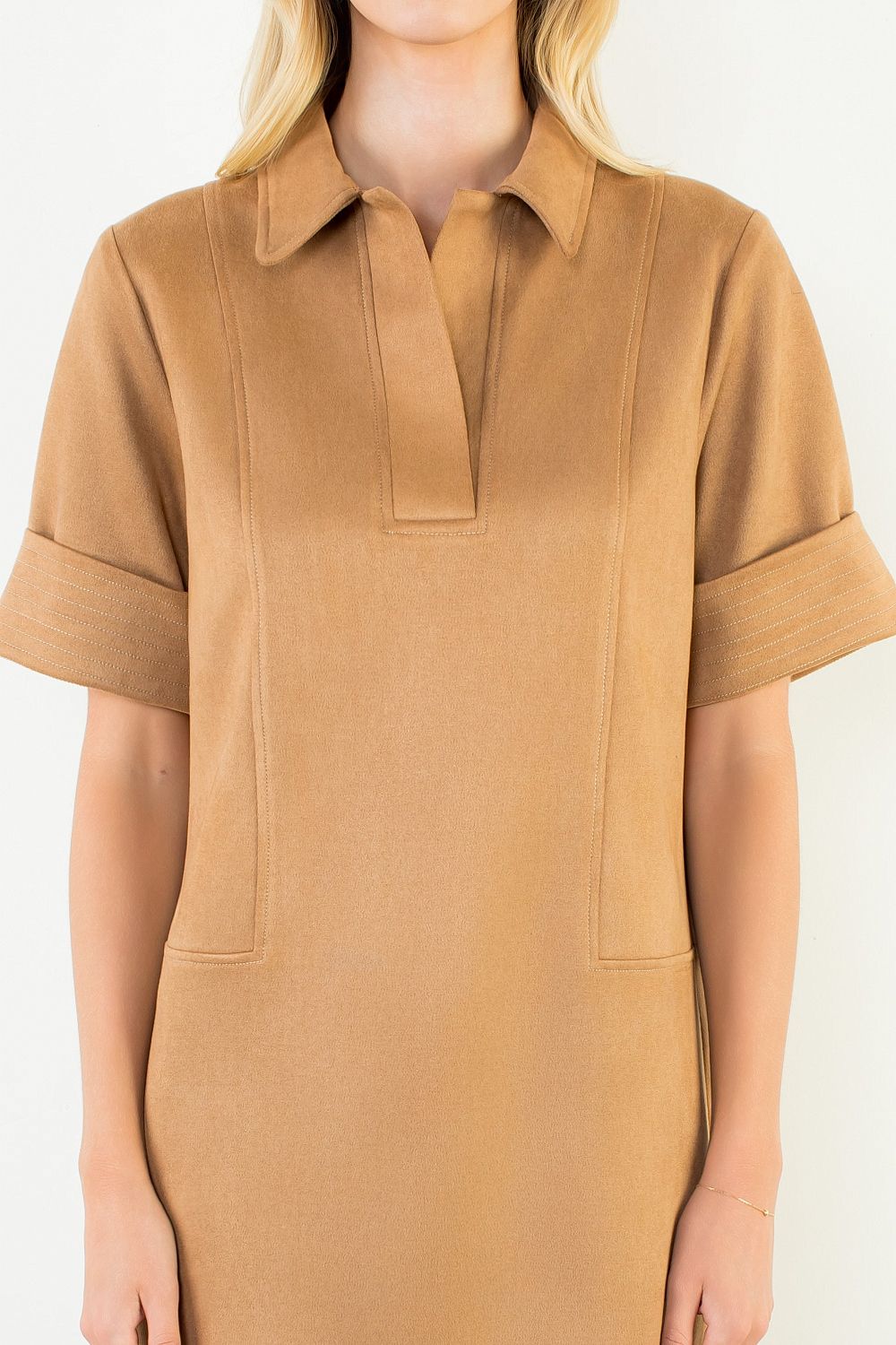 THML Women's Collared Short Suede Solid Dress - Camel