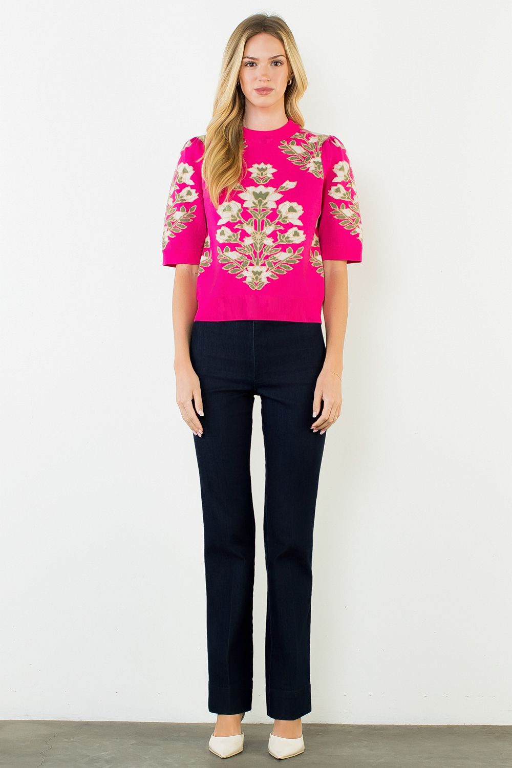THML Women's Pink Short Sleeve Floral Sweater