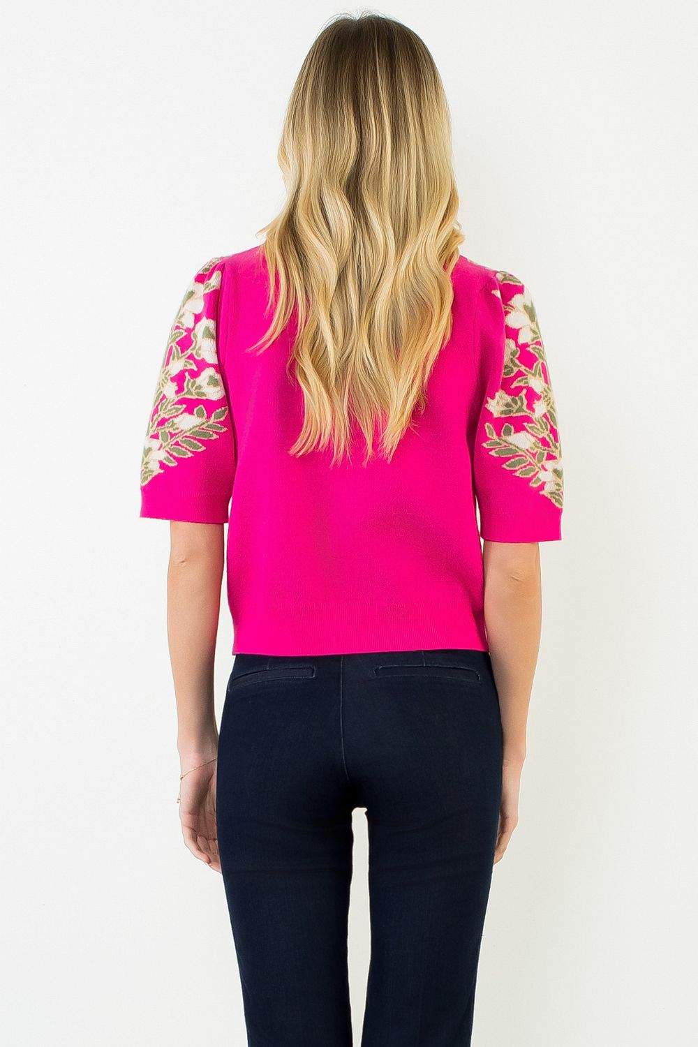 THML Women's Pink Short Sleeve Floral Sweater