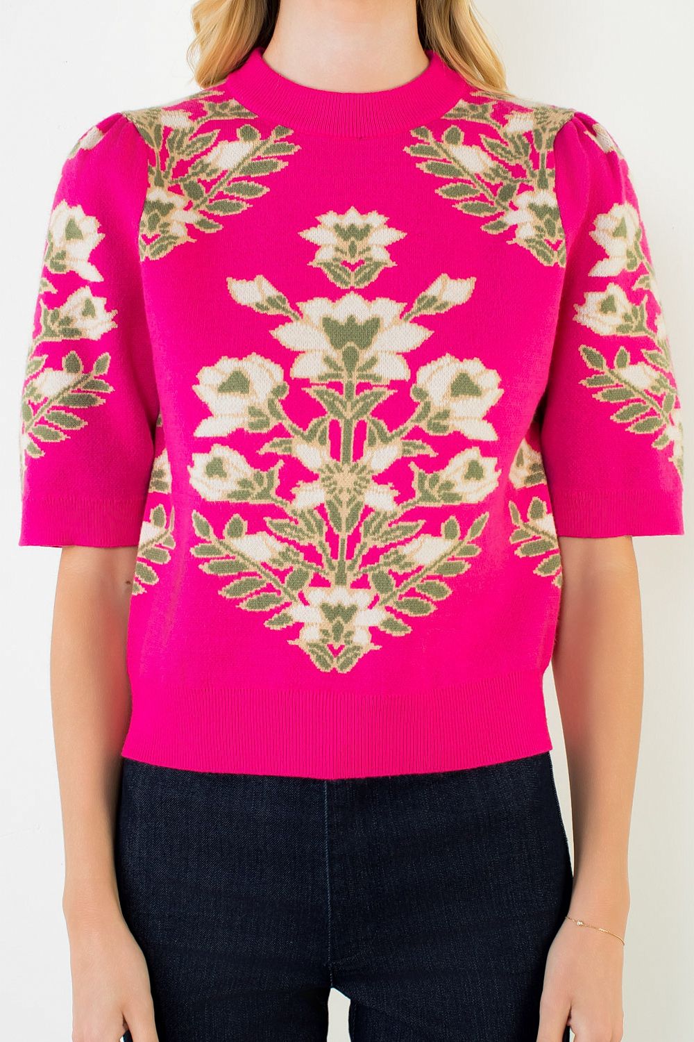 THML Women's Pink Short Sleeve Floral Sweater