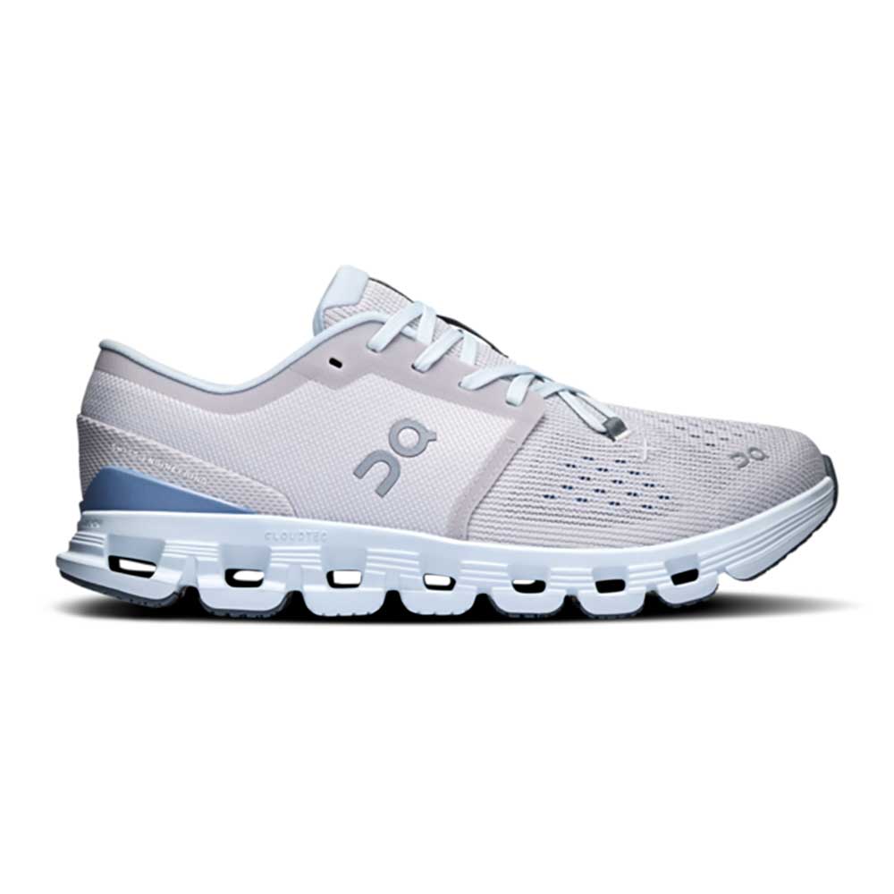 A light gray and white On running shoe with a light blue accent on the heel, shown in a side profile on a white background.