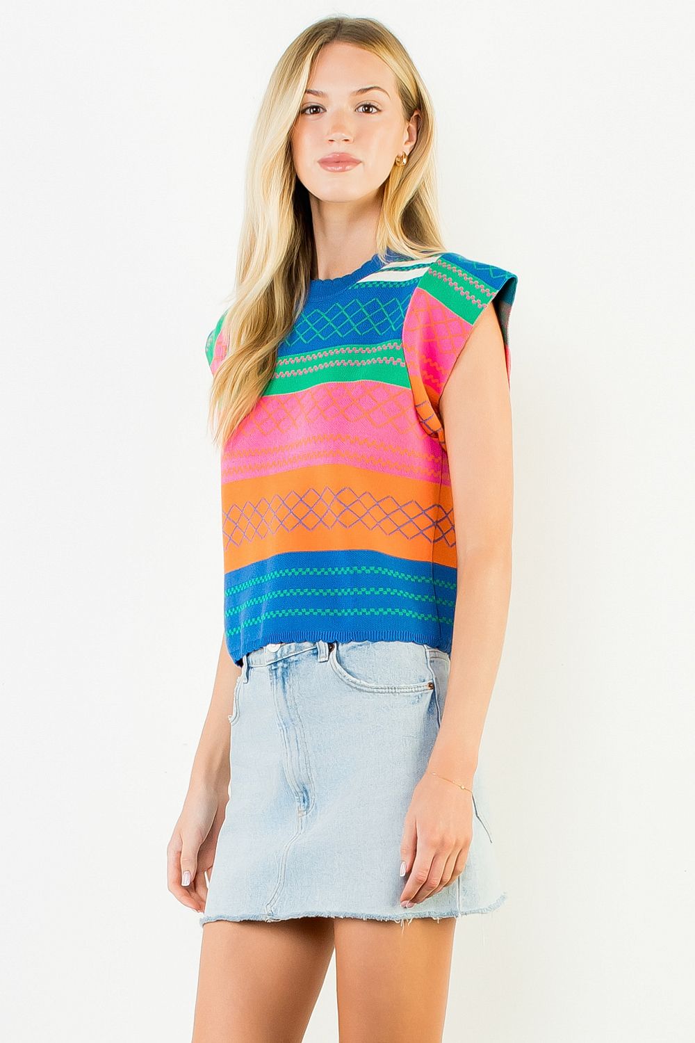 THML Women's Multi Color Knit Striped Flutter Top