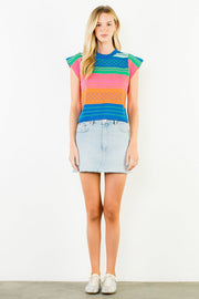 THML Women's Multi Color Knit Striped Flutter Top